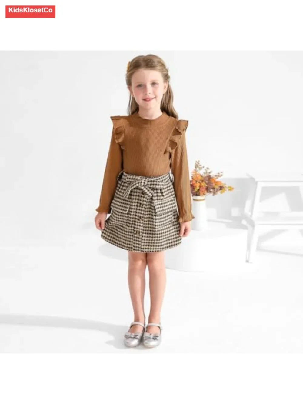 Toddler Girl Fall Winter Long Sleeve Top Plaid Skirt Set 1-5T